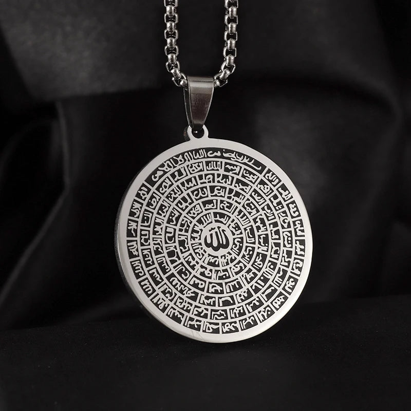 Exquisite Stainless Steel Islamic Muslim Medal Necklace Scripture Pendant Religious Amulet Jewelry for Men and Women