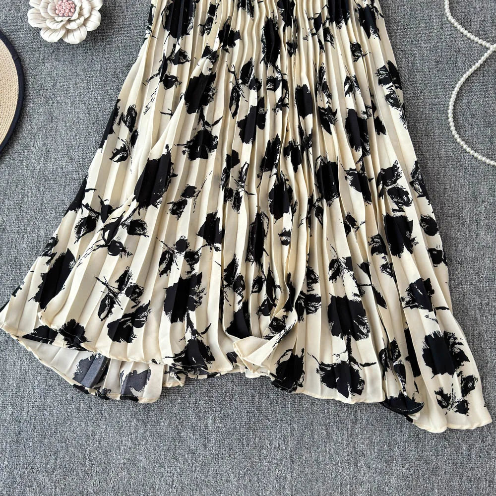 Chiffon A-Line Midi Skirt Women's Autumn 2025 New Sle Cover Hip Draped Large Swing Umbrella Skirt Pleated Floral Skirt