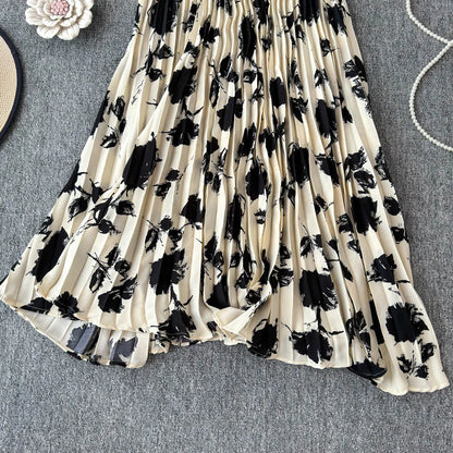 Chiffon A-Line Midi Skirt Women's Autumn 2025 New Sle Cover Hip Draped Large Swing Umbrella Skirt Pleated Floral Skirt