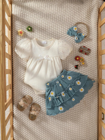 Baby girls Daisy Printing Short Sleeve Summer Skirt Suit For Vacation Daily Wear - AMULET RING STORE