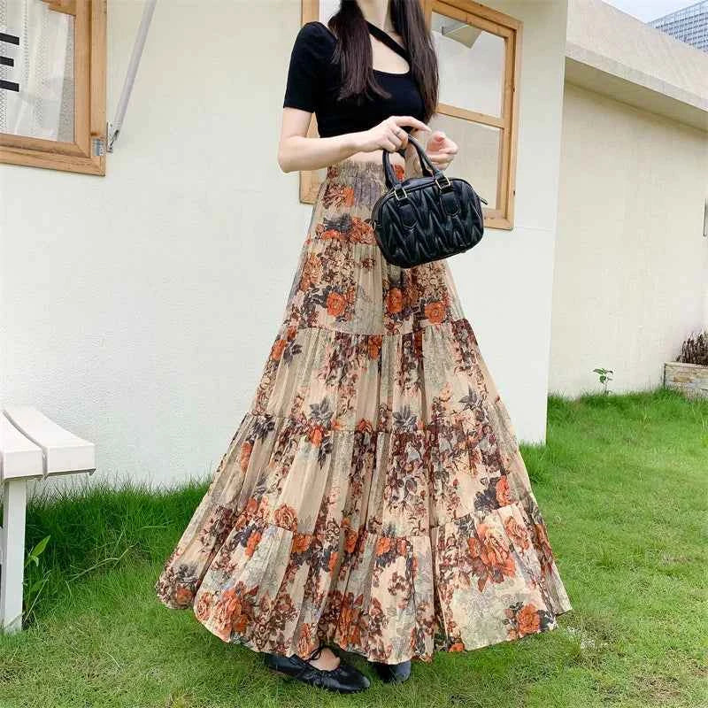 Retro Floral Pleated to Ankle f Skirt Women's Draped High Waist Midi A-Line Skirt Polyester Fiber Spring Season