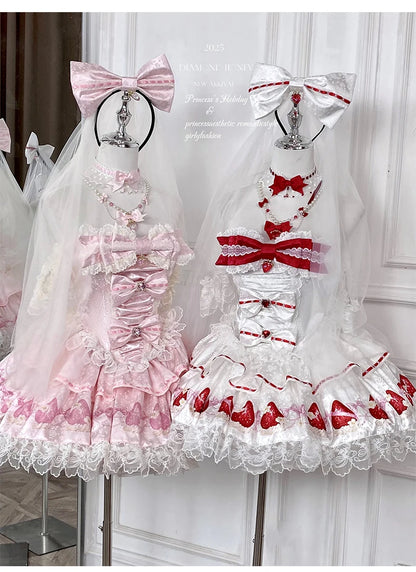 Sweet Princess Style Birthday Anniversary Wedding Dress New Lolita Cute Bow Sexy Strapless Girl Temperament Puffy Lace Dresses