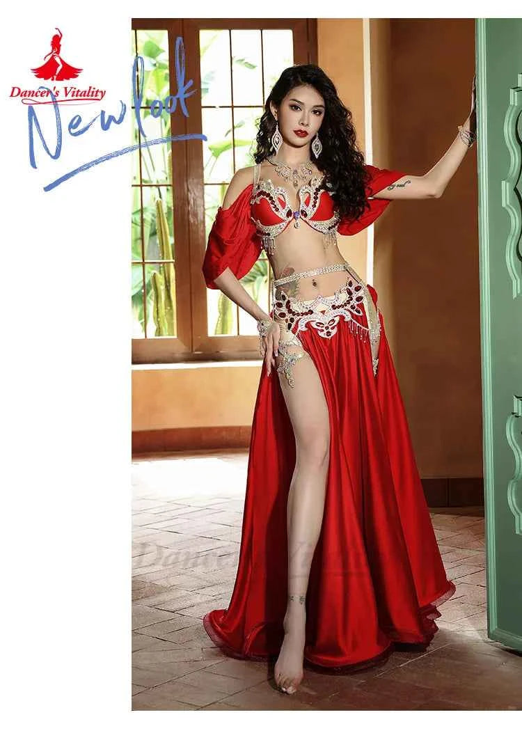 Belly Dance Performance Suit for Women Senior AB Stones Bra+satin Split Long Skirt 2pcs for Women Oriental Belly Dancing Outfit