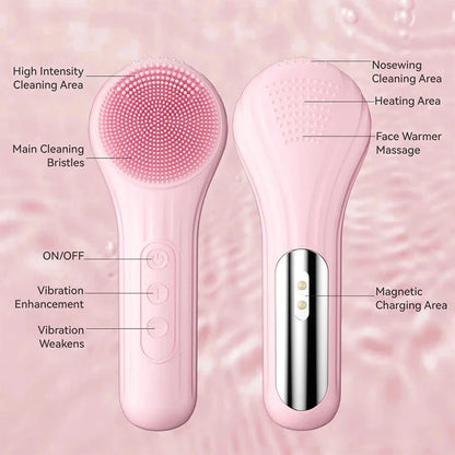 Sonic Facial Cleaning Brush Scrubber Waterproof Exfoliating Vibration Heating Compress Brush Deep Clean Face Cleaner Skin Care