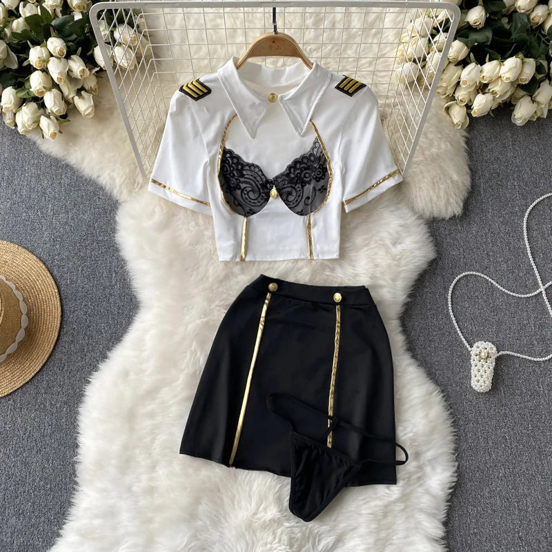 Women Sexy Hollow Skirts Suits Lace Patchwork Turn-down Collar Tops Mini Skirt Underpants 3 Pieces Erotic Pajamas Sets Cosplay - AMULET RING STORE