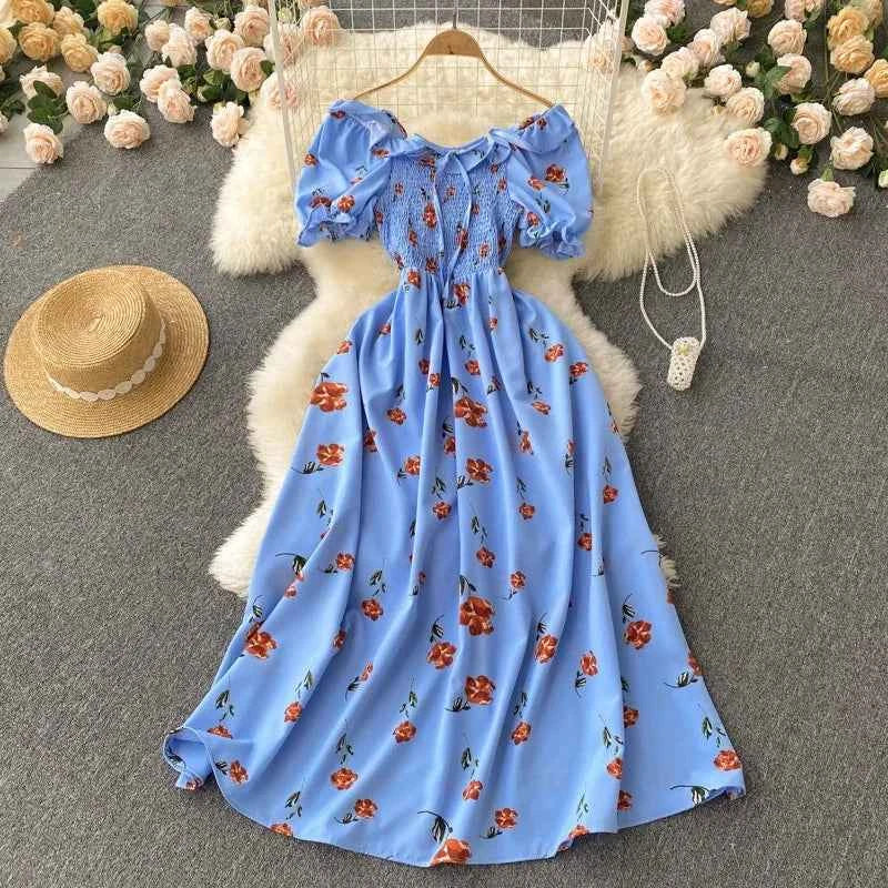 YuooMuoo Romantic Floral Print Long Dress 2024 New Summer Off Shoulders Puff Sleeve Big Swing Women Dress Korean Party Vestidos