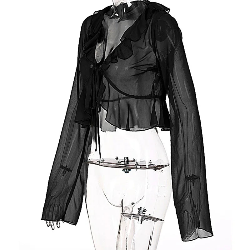 Vintage 90s Streetwear Ruffles Trim Green Chiffon T-shirts Y2K Fashion Sexy Deep V Lace Up Long Sleeve Tops Transparent - AMULET RING STORE