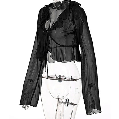 Vintage 90s Streetwear Ruffles Trim Green Chiffon T-shirts Y2K Fashion Sexy Deep V Lace Up Long Sleeve Tops Transparent - AMULET RING STORE