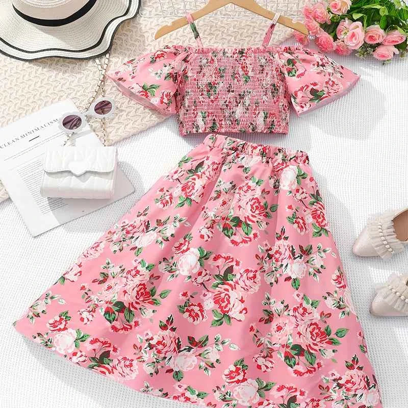 Two Piece Summer Girl Cute Breathable Shoulder Strap Printed Short Sleeved Skirt Pants Princess Birthday Party Costume Set