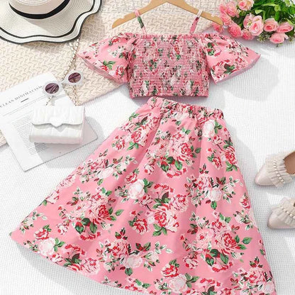 Two Piece Summer Girl Cute Breathable Shoulder Strap Printed Short Sleeved Skirt Pants Princess Birthday Party Costume Set