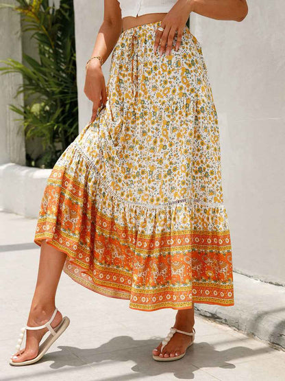 Women Long Skirt Elegant Elastic Waist Floral Flowy Summer Swing Skirt for Casual Daily