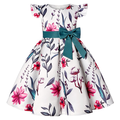 Foreign trade hot new small flying sleeve girl dress dress bow print dress princess birthday party clothing