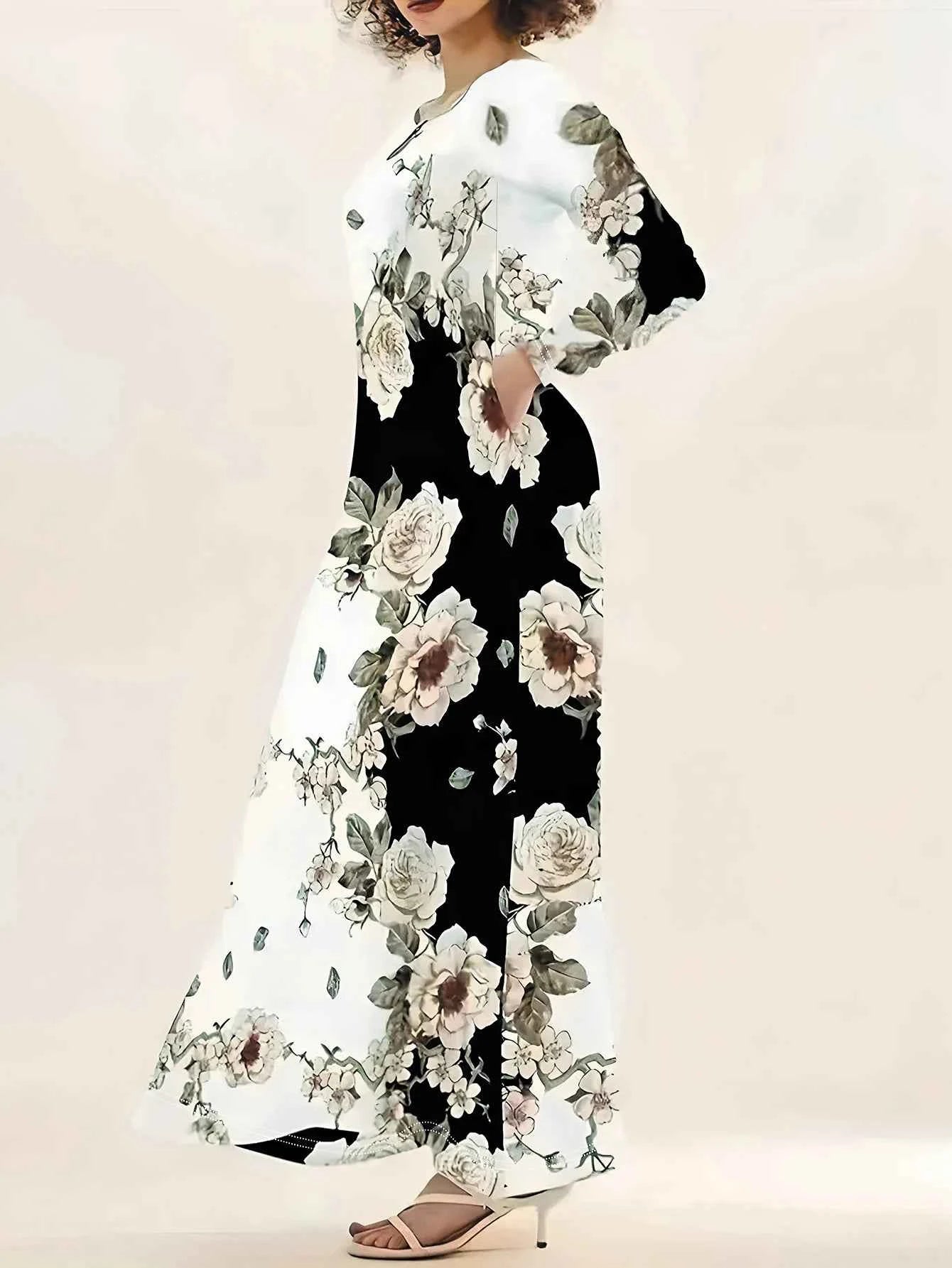 Women's Casual Dress, Plus Size Floral Print Long Sleeve Round Neck Cut Out Maxi Dress With Pockets