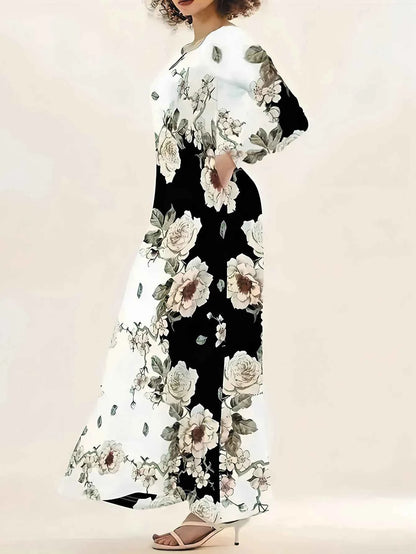 Women's Casual Dress, Plus Size Floral Print Long Sleeve Round Neck Cut Out Maxi Dress With Pockets