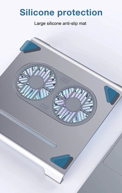 2 High - Speed Fan Aluminum Laptop Cooler with Pad, Adjustable Stand, for 10 - 15" Laptops - AMULET RING STORE