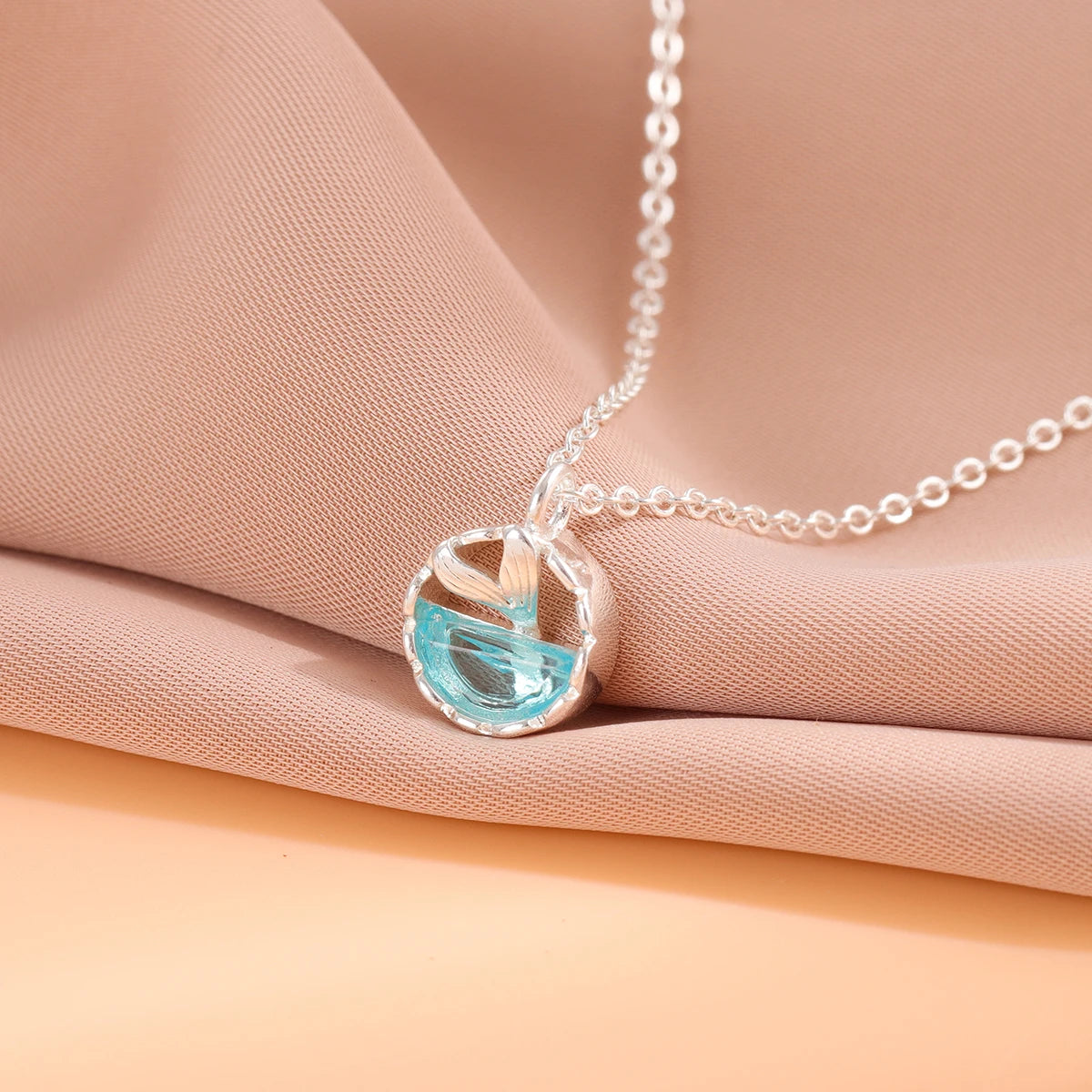 Mermaid Foam 925 Sterling Silver Fish Tail Tear Blue Crystal Clavicle Chain Pendant Necklaces