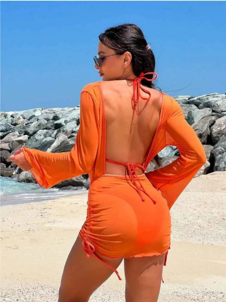 2024 Red 3 Pieces Set Swimsuit Women Thong Swimwear Sexy Matching Bikini Set Long Sleeve Dress Cover Up Beachwear Bathing Suit