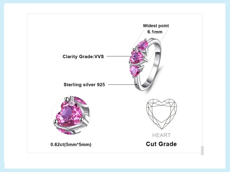 JewelryPalace Love Heart 1.2ct Created Pink Sapphire 925 Sterling Silver 3 stone Ring for Women Fashion Engagement Wedding Gift