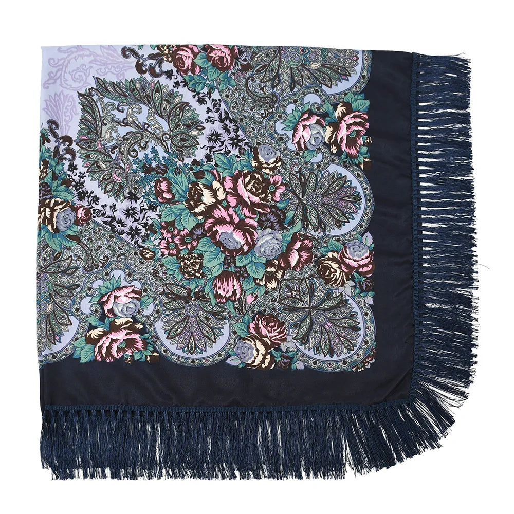 Russian Scarf Head Wrap for Women Luxury Ukrainian Manila Shawls Folk Cotton 160cm National Shawl Floral Print Travel Bandana - AMULET RING STORE