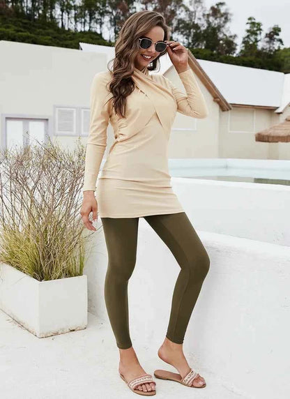 Para Praia Apricot Muslim Swimwears Women Modest Two Piece Long Sleeves Islamic Burkinis Wear with Headscarf Whole Swimsuit