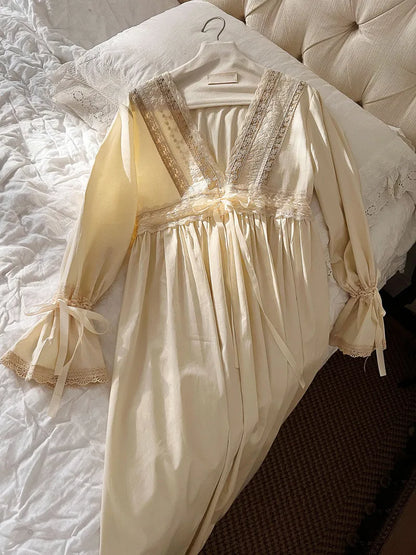 Vintage Embroidery Cotton Long Nightgowns For Lady Lace  Long Sleeve Beige Elegant Nightshirts Comfortable Sexy Night Dress
