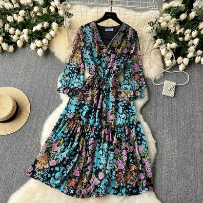 2026 Romantic Floral Print Chiffon Long Sleeve Dress Women Sexy V-neck A Line Beach Vestidos Elegant Elastic Waist Party Dress