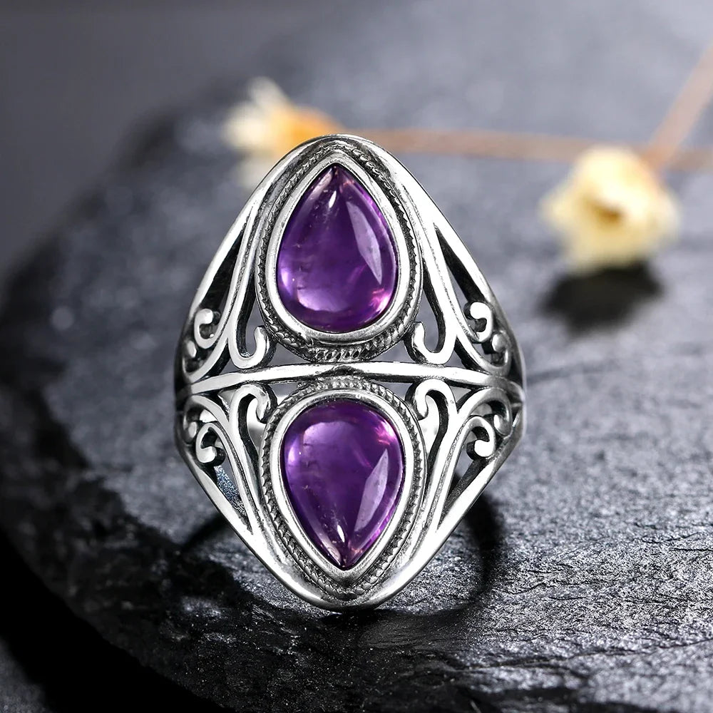 Luxury Vintage Ring Natural Amethyst Rings S925 Silver Jewelry Wedding Anniversary Party Ring Gifts for Women