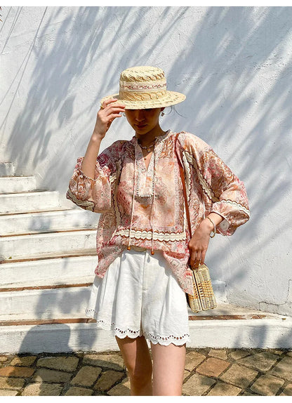 Boho Flrench Chic Floral Blouse Shirt Printed Summer Loose Lace Hollow Out Sexy Ladies Vocation Women Long Sleeve Top Shirts New