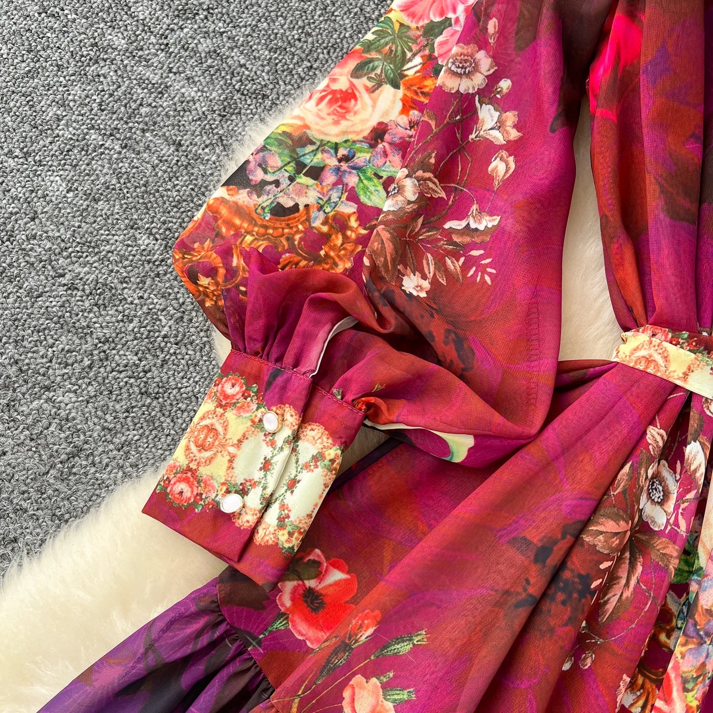 SINGREINY Vintage Print Chiffon Dresses Women Lantern Sleeve O Neck Design Fashion High Quality Court Floral Pleated Long Dress