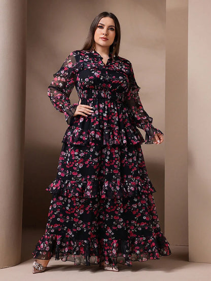 TOLEEN Spring Summer Plus Size Women's Elegant Floral Print Mesh Flare Sleeve Dress 2024 New in Casual V-Neck Party Long Dresses