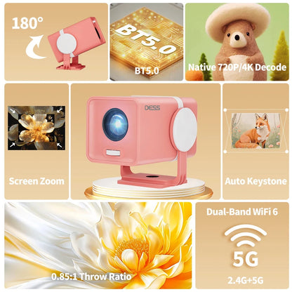 DESS Projector 4K Mini Portable Build-in Apps WIFI6 Mirror SmartPhone For 4K Video Home Cinema Projector Outdoor Rotatable 180°