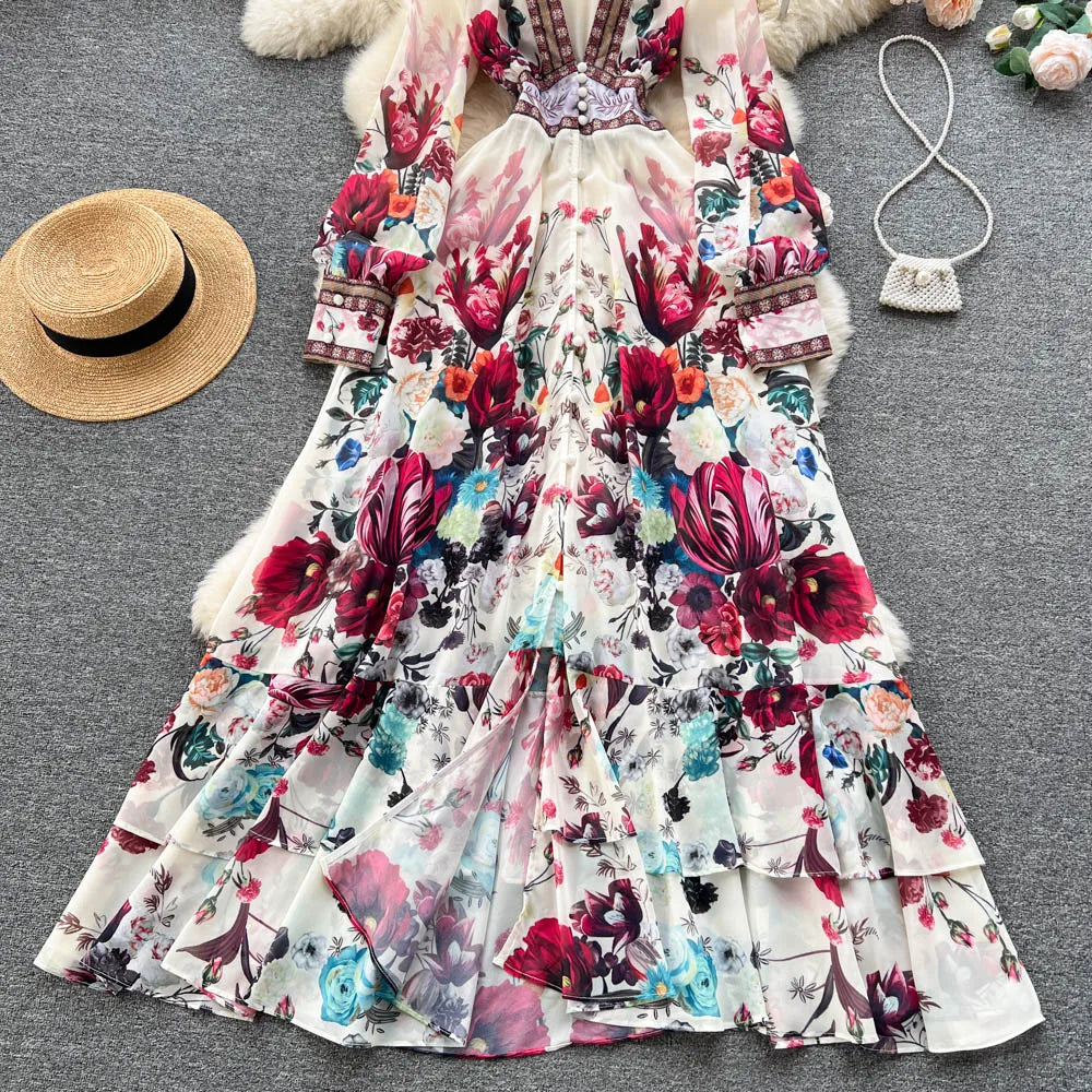 Women Deep V-Neck Bohemian Style Dress Spring Summer Runway Long Sleeve Casual Floral Print Ruffles Sweet Cascading Vestidos