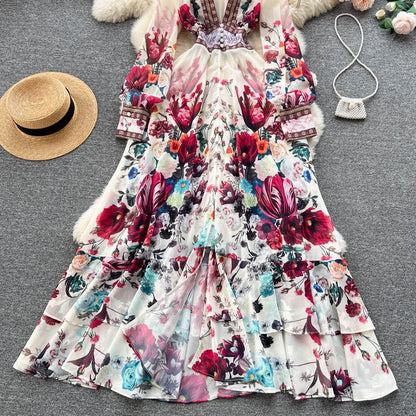 Women Deep V-Neck Bohemian Style Dress Spring Summer Runway Long Sleeve Casual Floral Print Ruffles Sweet Cascading Vestidos
