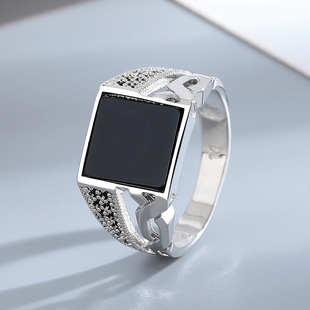 S925 Silver Jewelry Ring Natural Oval Rectangle Big Black Agate Stone Vintage Ring For Women Party Gifts