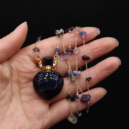 Natural Amethysts Perfume Bottle Necklace Essential Oil Diffuser Amethysts Gravel Stone Chain for Jewerly Party Gift 17x38x13mm - AMULET RING STORE