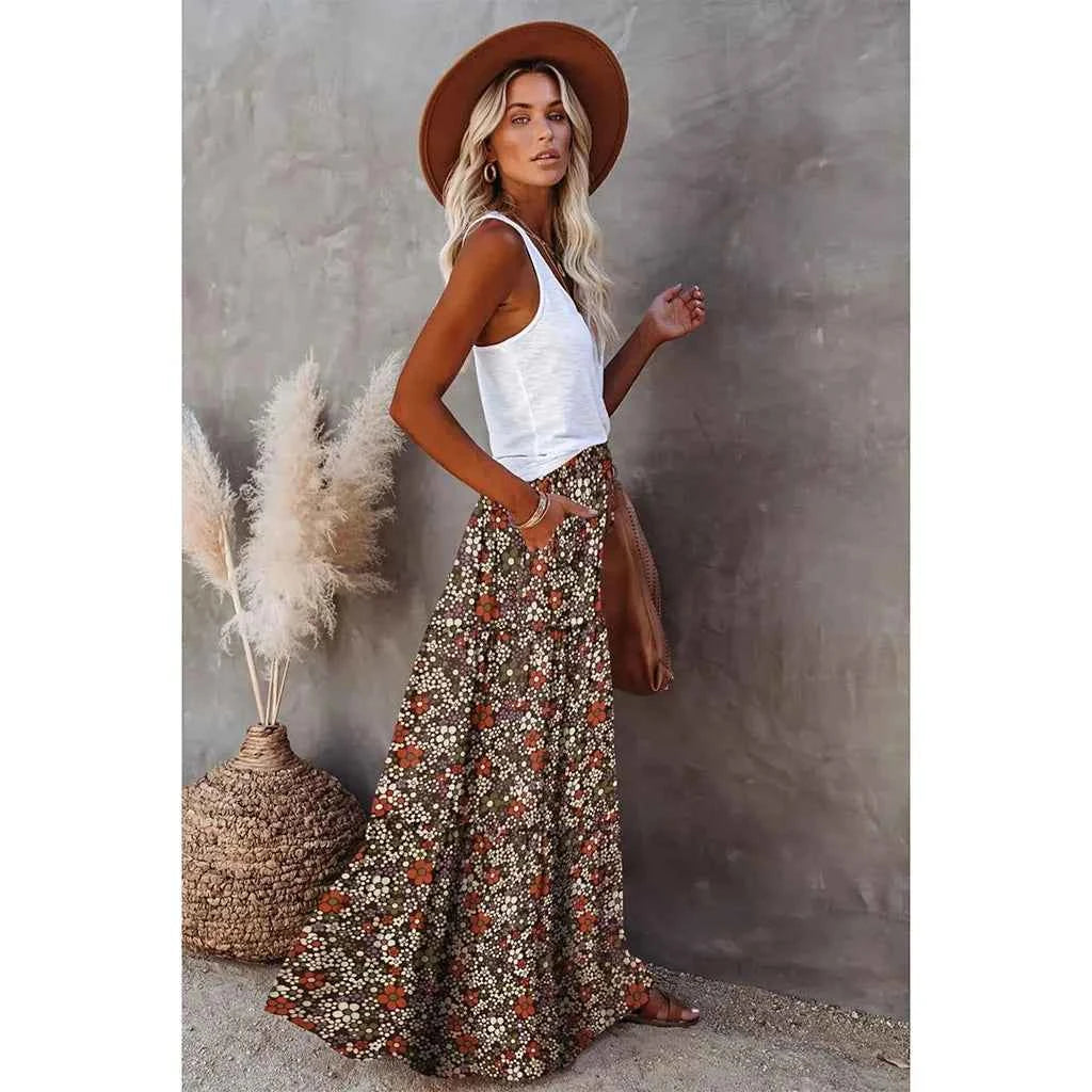 This is a must-have item for the new spring/summer products of 2025! Ladies' Bohemian beach style high waisted A-line printed sk