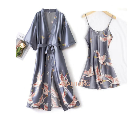Sexy Nightwear Gown Set Women 2PC Pyjama V-Neck Pajamas Silky Sleepwear Spring Lady Sleep Suit Robe Wear Home Negligee Homewear