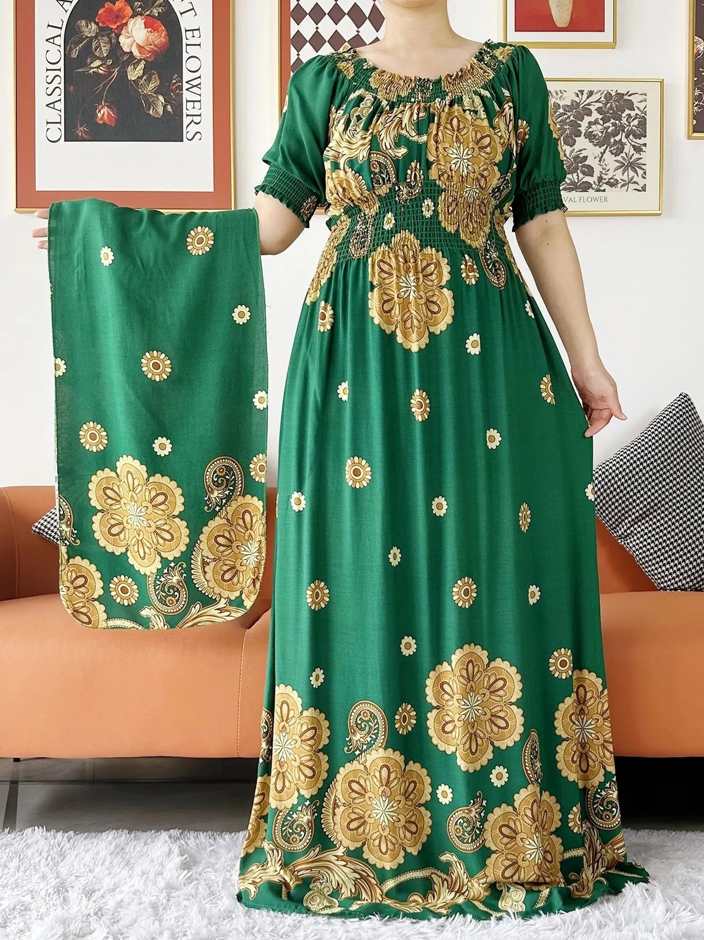 New Summer Women Abaya Short Sleeve Dashiki Floral Collect Waist Loose Maxi Robe Floral Femme Musulmane African Printing Abaya