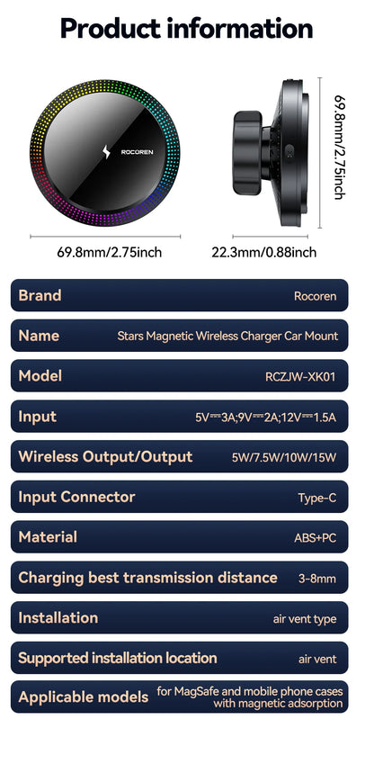 Rocoren Magnetic Car Phone Holder Fast Charging Wireless Charger With RGB light Magnet Car Stander For iPhone 15 14 13 Pro Max