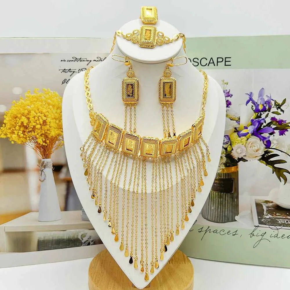 Earring Tassel Necklace Middle East 4pcs Jewelry Women Cuff Bangles with Ring Jewelry Dubai Fashion Set African Jewelry Wedding