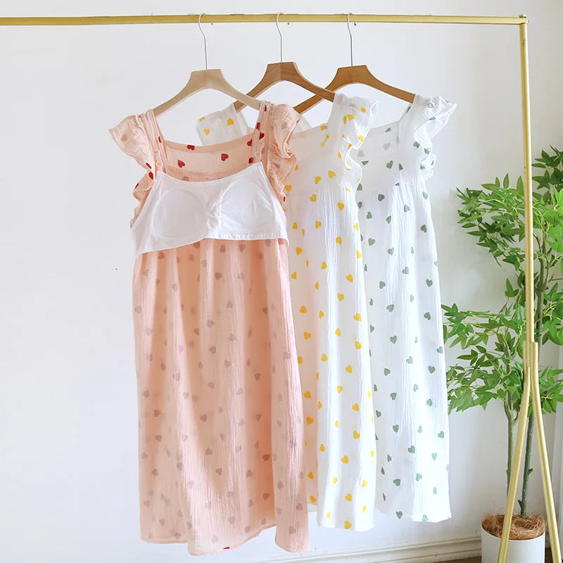 2025 Summer Women's New Sleeping Skirt 100% Cotton Crepe Wood Ear Edge Tank Top Skirt Love Belt Chest Cushion Home Dress Ladies