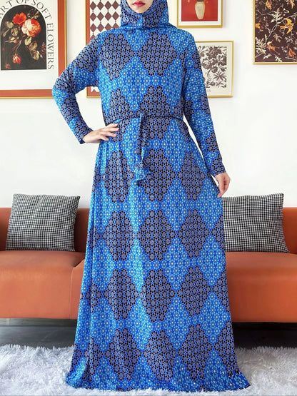 2025 Floral Ramadan Muslim Dress Solid Color Khimar Kaftan Abaya Robe with Attached Hijab Middle East Prayer Garment for Women - AMULET RING STORE