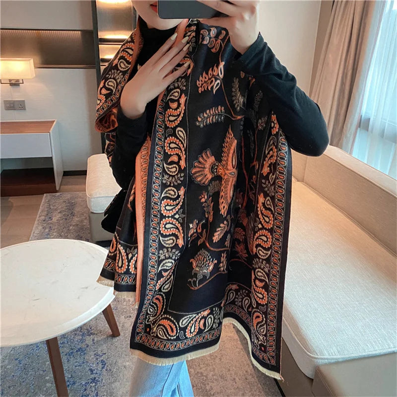 Winter Scarf Women Soft Cashmere Warm Pashmina Ethnic Blue Bird Print Scarves Wraps Thick Shawl Bufandas Tassel Stoles Hijabs - AMULET RING STORE