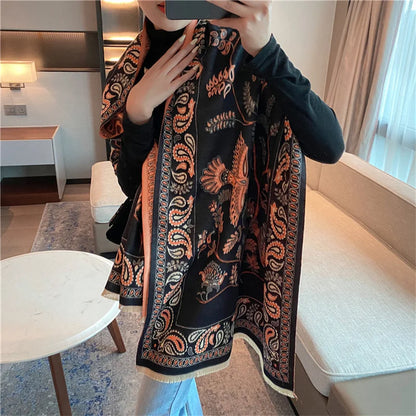 Winter Scarf Women Soft Cashmere Warm Pashmina Ethnic Blue Bird Print Scarves Wraps Thick Shawl Bufandas Tassel Stoles Hijabs - AMULET RING STORE