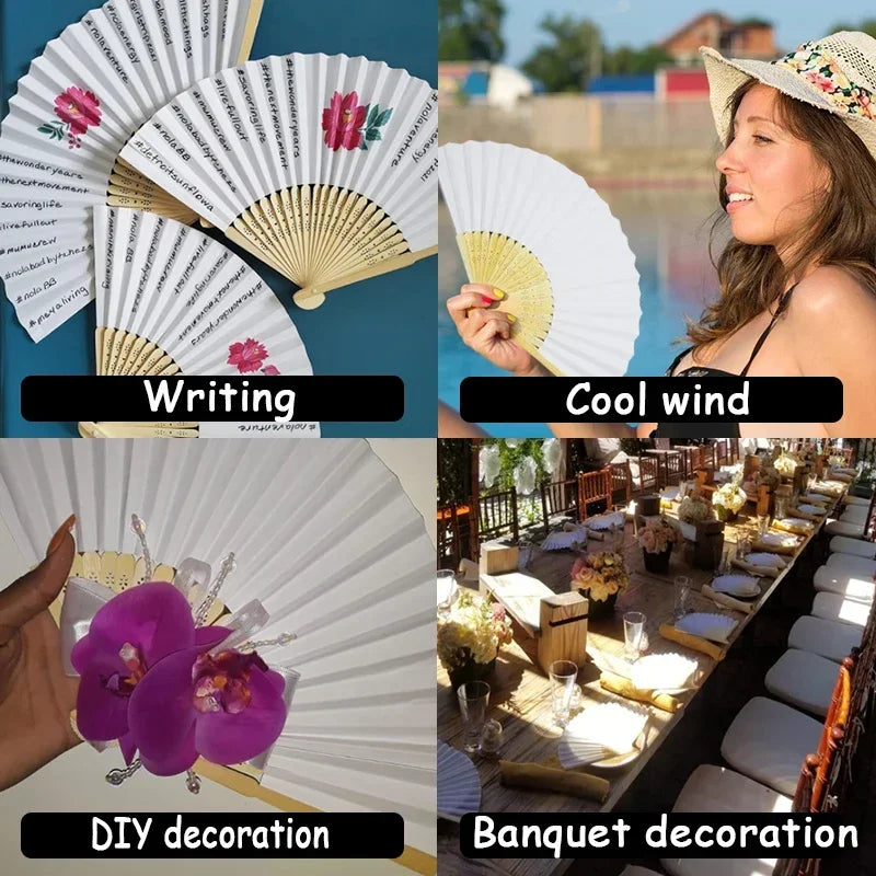 10/20/30pcs White Foldable Paper Fan Portable Chinese Bamboo Fan Wedding Gifts For Guest Birthday Party Decoration Kids Painting - AMULET RING STORE