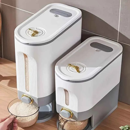 Large-capacity rice storage tank – sealed and moisture-proof, equipped with a measuring cup and cleaning brush.