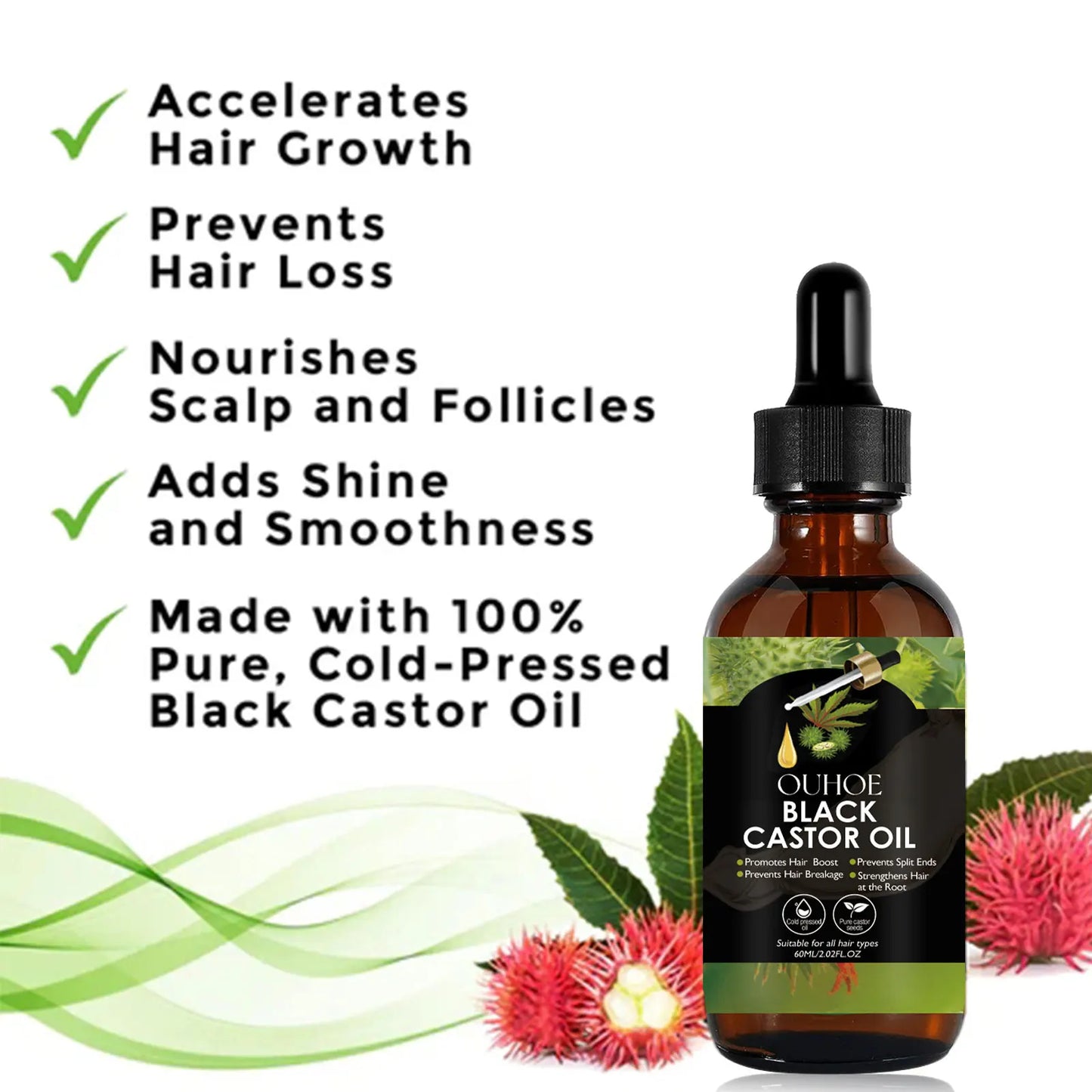 OUHOE Black Castor Oil 100% Organic Moisturize Hair Growth Serum Prevent Hair Loss Soft Bright Dense Hair Care Essential Oil