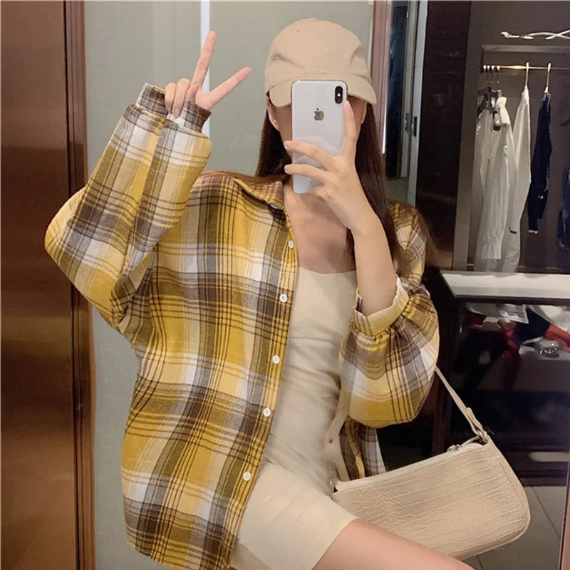 Plaid Shirt Women Spring Long Sleeve Top Female Vintage OL Fashion Single Breasted Blouse Ladies Preppy Style Loose Check Shirts