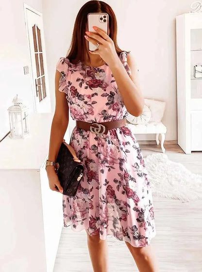 Summer Fashion Floral Printed Long Dress Ladies Sleeveless Elastic Waist Beach Dress 2025 Women V-Neck Pleated Chiffon Cover-Ups