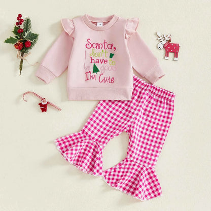 Infant Girls Christmas Outfit Set with Embroidered Letters Pullover and Plaid Bell Bottoms - 2 Piece Holiday Ensemble